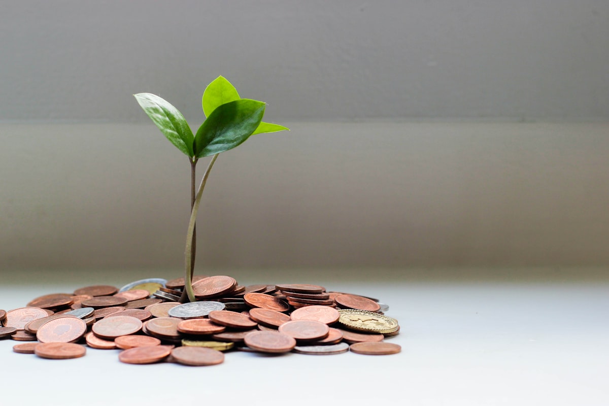 Coins stacked beside a notebook listing savings goals